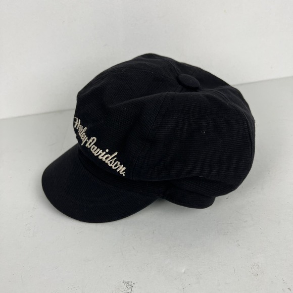 Harley Davidson Black Newsboy Cadet Biker Hat Cap Embroidered Spell Out Womens - Picture 2 of 8